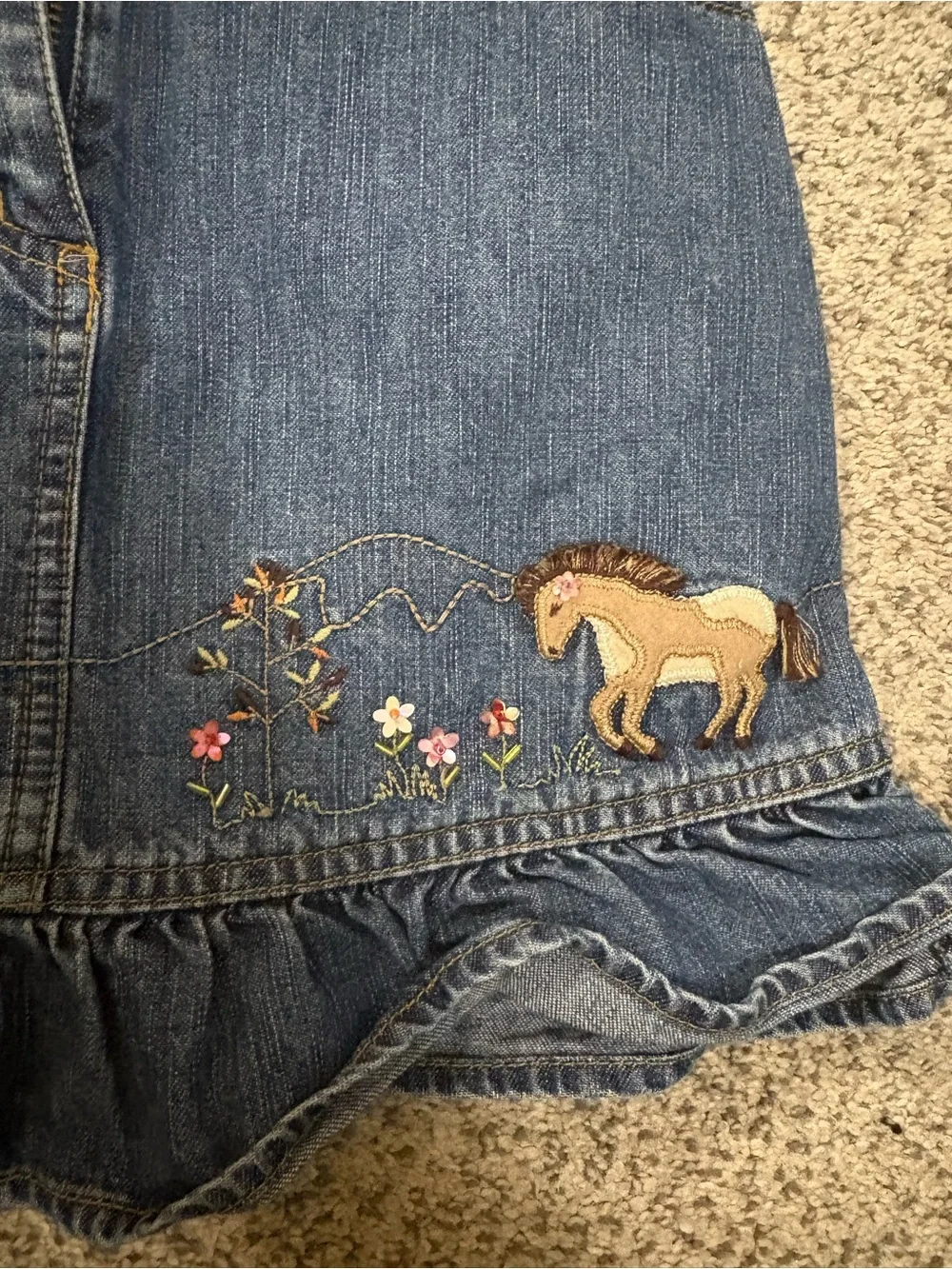 Gymboree Denim Skirt with Embroidered Horse and Floral Detail - Blue Vintage